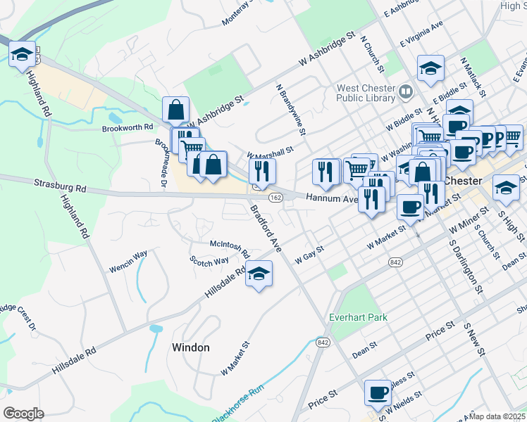 map of restaurants, bars, coffee shops, grocery stores, and more near 215 Debaptiste Lane in West Chester