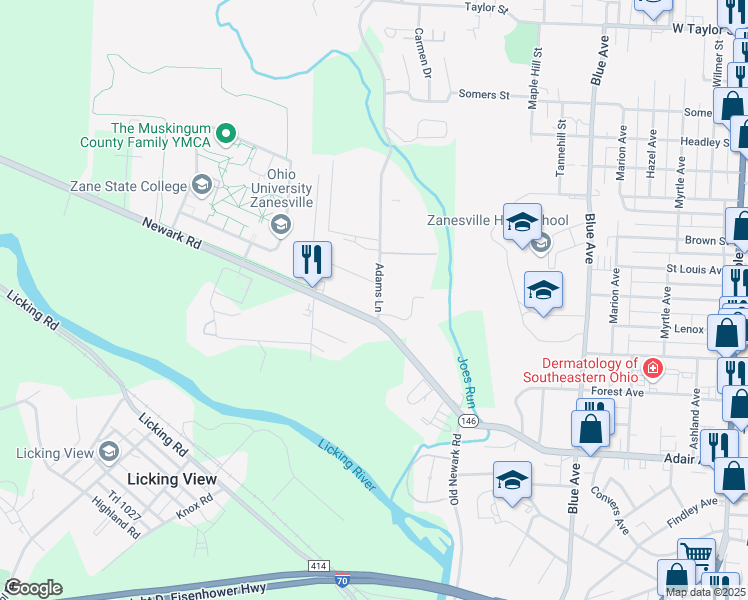 map of restaurants, bars, coffee shops, grocery stores, and more near 1205 Newark Road in Zanesville