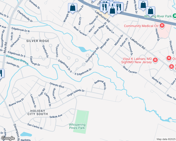 map of restaurants, bars, coffee shops, grocery stores, and more near 1024 East Edgebrook Drive in Toms River