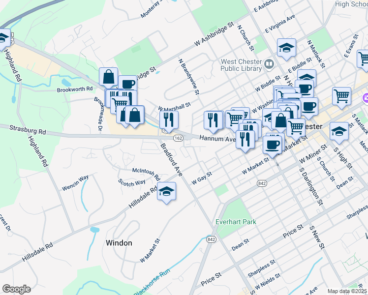 map of restaurants, bars, coffee shops, grocery stores, and more near 228 North Everhart Avenue in West Chester