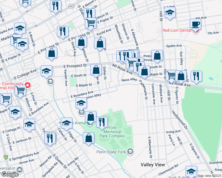 map of restaurants, bars, coffee shops, grocery stores, and more near 918 East Boundary Avenue in York
