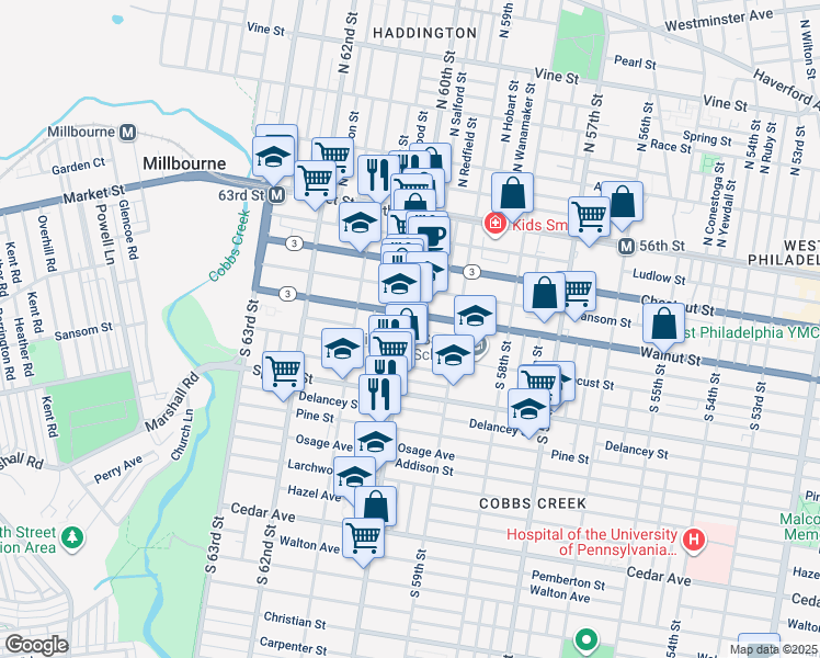 map of restaurants, bars, coffee shops, grocery stores, and more near 213 South 60th Street in Philadelphia
