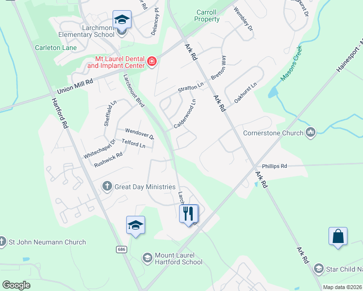 map of restaurants, bars, coffee shops, grocery stores, and more near 111 Camber Lane in Mount Laurel Township