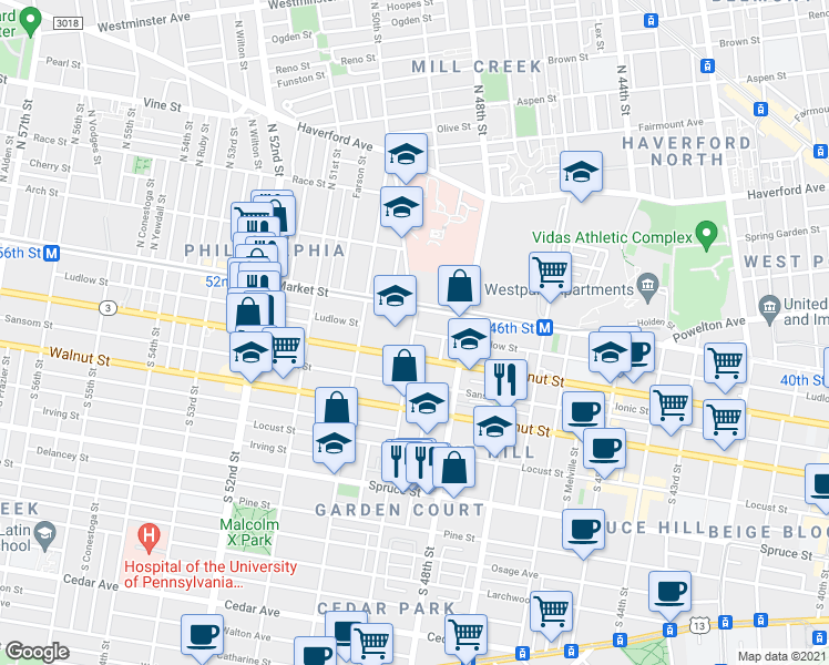 map of restaurants, bars, coffee shops, grocery stores, and more near 4899 Ludlow Street in Philadelphia