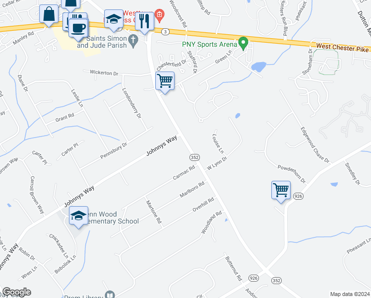 map of restaurants, bars, coffee shops, grocery stores, and more near 906 South Chester Road in West Chester