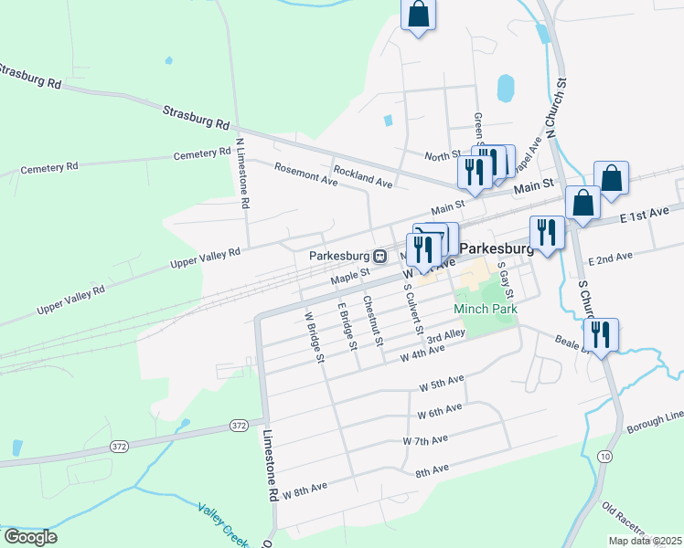 map of restaurants, bars, coffee shops, grocery stores, and more near 651 Maple Street in Parkesburg
