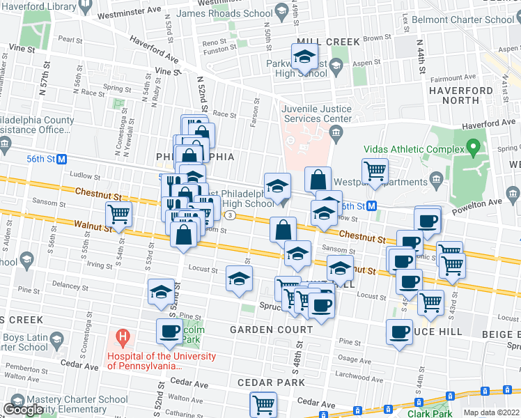 map of restaurants, bars, coffee shops, grocery stores, and more near 31 South 50th Street in Philadelphia