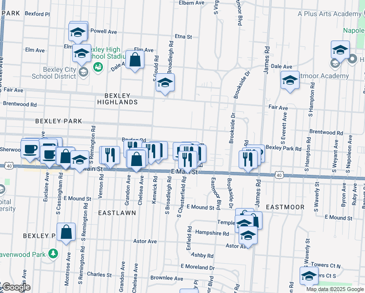 map of restaurants, bars, coffee shops, grocery stores, and more near 2893 Bryden Road in Columbus