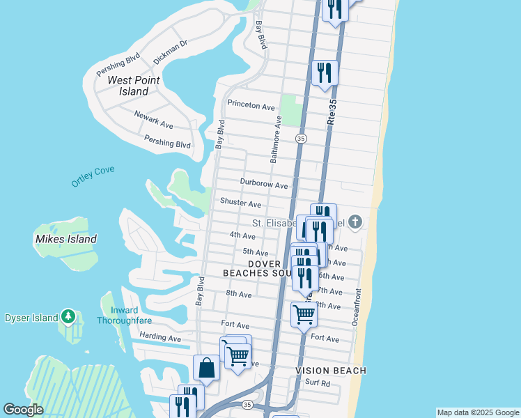 map of restaurants, bars, coffee shops, grocery stores, and more near 219 Shuster Avenue in Seaside Heights