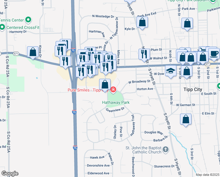 map of restaurants, bars, coffee shops, grocery stores, and more near 90 South Tippecanoe Drive in Tipp City
