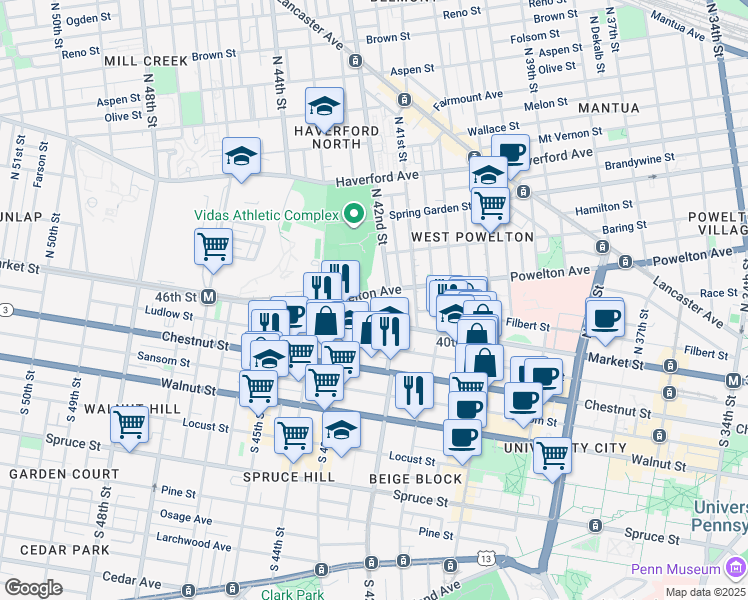 map of restaurants, bars, coffee shops, grocery stores, and more near 4220 Powelton Avenue in Philadelphia
