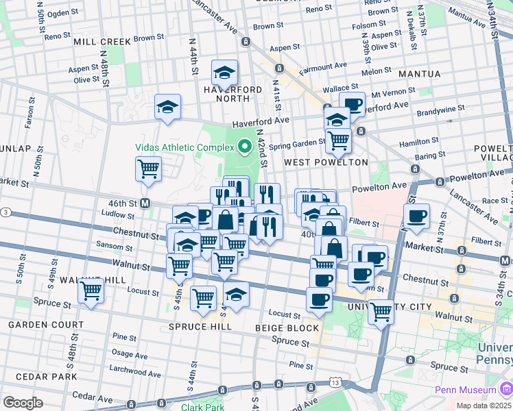map of restaurants, bars, coffee shops, grocery stores, and more near 4224 Powelton Avenue in Philadelphia