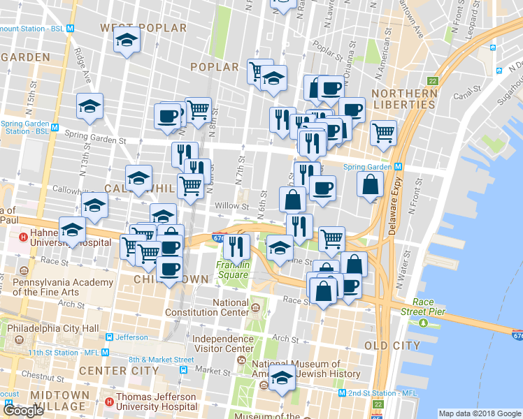 map of restaurants, bars, coffee shops, grocery stores, and more near 598 Willow Street in Philadelphia