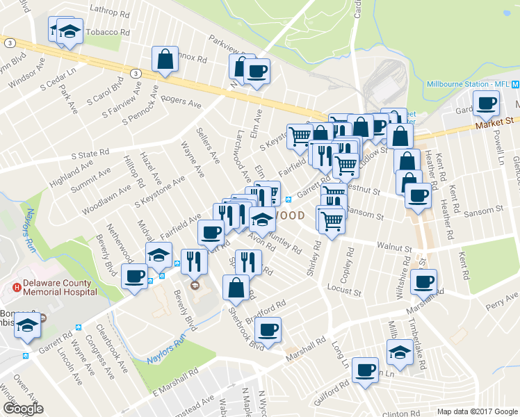 map of restaurants, bars, coffee shops, grocery stores, and more near 705 Bywood Avenue in Upper Darby