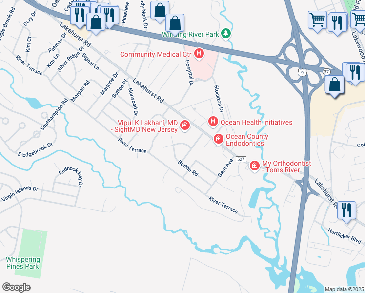 map of restaurants, bars, coffee shops, grocery stores, and more near 415 Colleen Court in Toms River