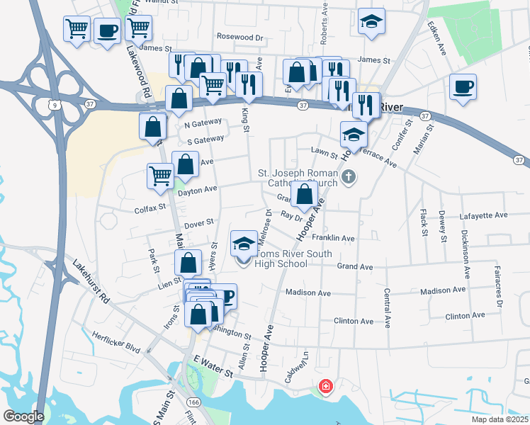 map of restaurants, bars, coffee shops, grocery stores, and more near 26 Melrose Drive in Toms River