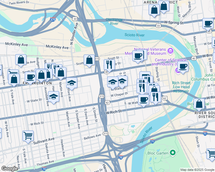 map of restaurants, bars, coffee shops, grocery stores, and more near 75 South Grubb Street in Columbus