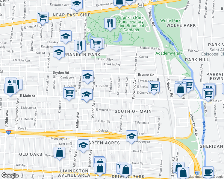map of restaurants, bars, coffee shops, grocery stores, and more near 414 Berkeley Road in Columbus