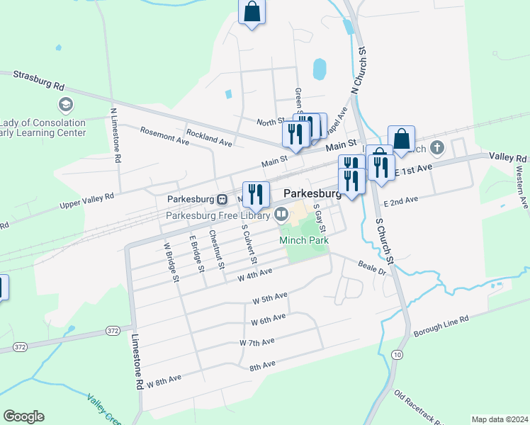 map of restaurants, bars, coffee shops, grocery stores, and more near 412 B W 1st Avenue in Parkesburg