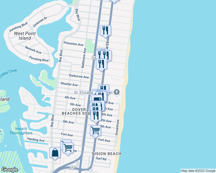 map of restaurants, bars, coffee shops, grocery stores, and more near 21 2nd Avenue in Seaside Heights