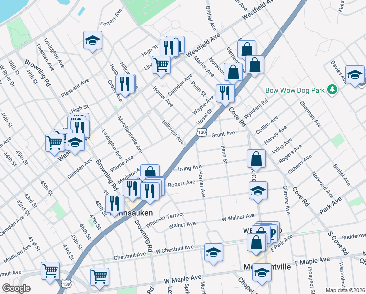 map of restaurants, bars, coffee shops, grocery stores, and more near 2617 Horner Avenue in Pennsauken Township