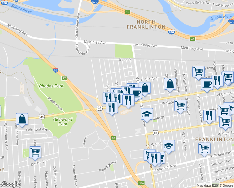 map of restaurants, bars, coffee shops, grocery stores, and more near 53 Stevens Avenue in Columbus