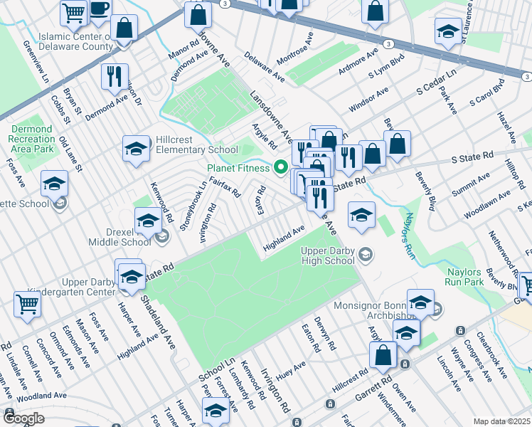 map of restaurants, bars, coffee shops, grocery stores, and more near 807 Eaton Road in Drexel Hill