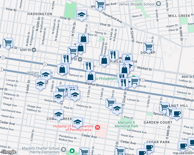 map of restaurants, bars, coffee shops, grocery stores, and more near 5431 Sansom Street in Philadelphia