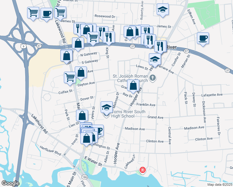 map of restaurants, bars, coffee shops, grocery stores, and more near 26 Melrose Drive in Toms River