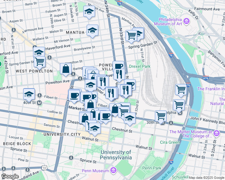 map of restaurants, bars, coffee shops, grocery stores, and more near 3416 Race Street in Philadelphia