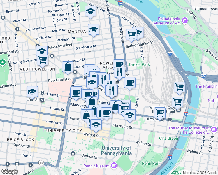 map of restaurants, bars, coffee shops, grocery stores, and more near 3418 Race Street in Philadelphia