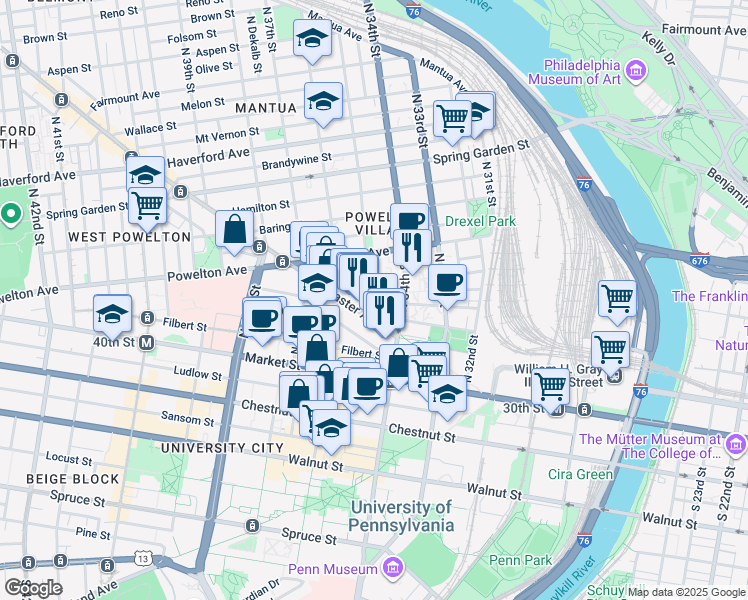 map of restaurants, bars, coffee shops, grocery stores, and more near 3416 Race Street in Philadelphia