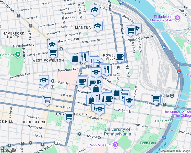 map of restaurants, bars, coffee shops, grocery stores, and more near in Philadelphia