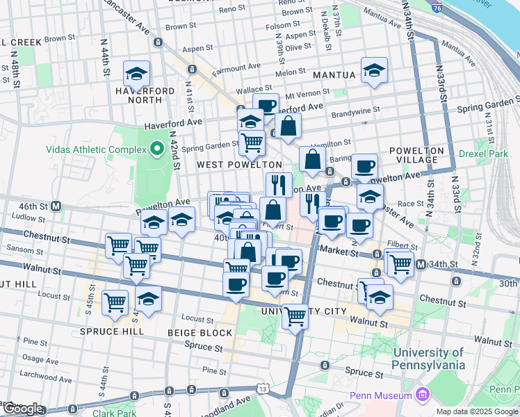 map of restaurants, bars, coffee shops, grocery stores, and more near 3737 Market Street in Philadelphia