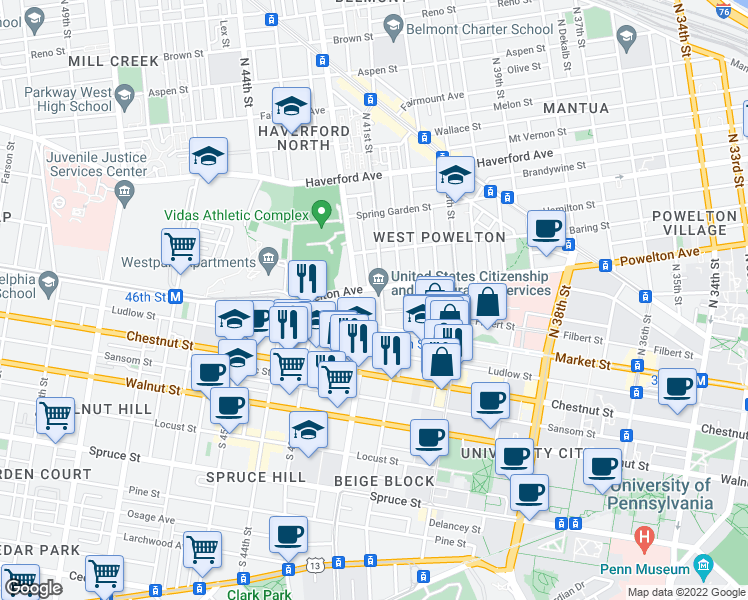 map of restaurants, bars, coffee shops, grocery stores, and more near in Philadelphia
