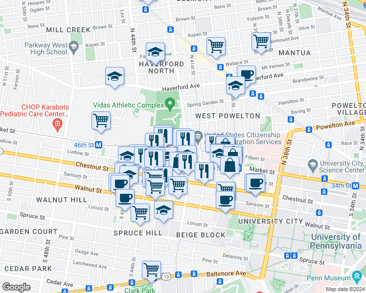 map of restaurants, bars, coffee shops, grocery stores, and more near 4222 Powelton Avenue in Philadelphia