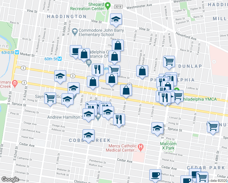map of restaurants, bars, coffee shops, grocery stores, and more near 5532 Sansom Street in Philadelphia