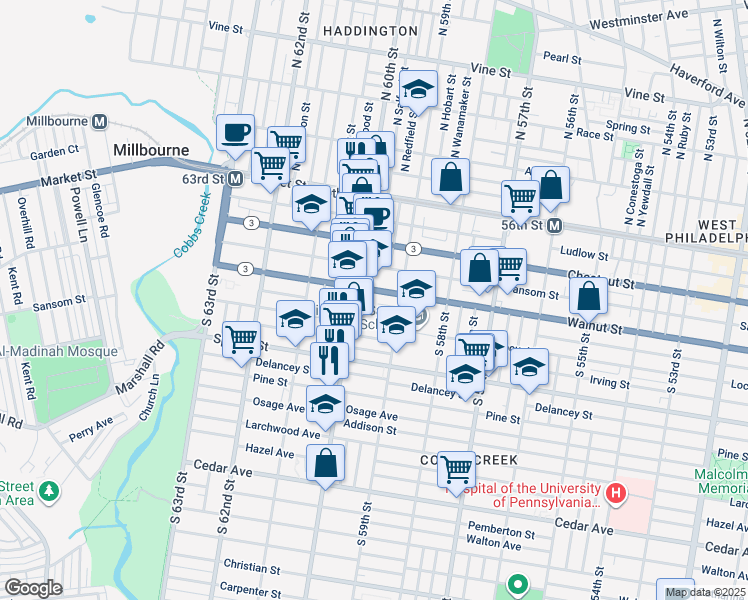 map of restaurants, bars, coffee shops, grocery stores, and more near 5914 Walnut Street in Philadelphia
