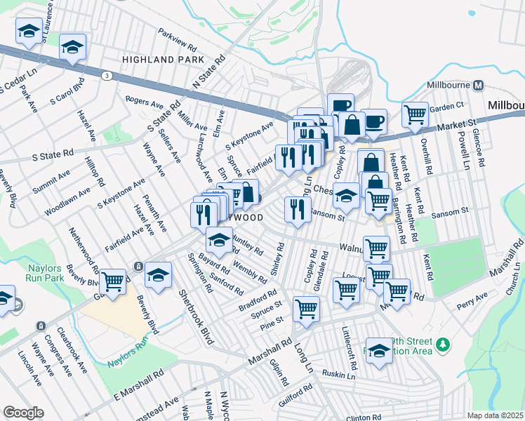 map of restaurants, bars, coffee shops, grocery stores, and more near 7237 Pine Street in Upper Darby