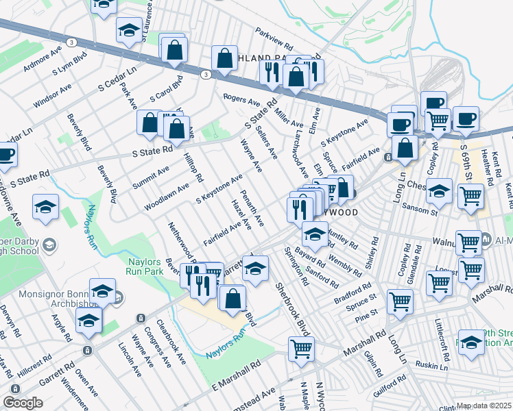 map of restaurants, bars, coffee shops, grocery stores, and more near 7100 Pennsylvania Avenue in Delaware County