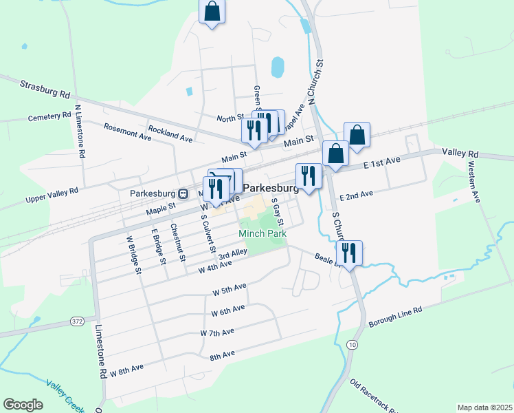 map of restaurants, bars, coffee shops, grocery stores, and more near 310 West 1st Avenue in Parkesburg