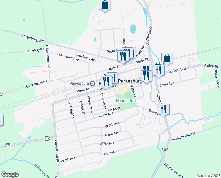 map of restaurants, bars, coffee shops, grocery stores, and more near 406 West 1st Avenue in Parkesburg