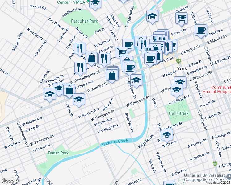 map of restaurants, bars, coffee shops, grocery stores, and more near 343 West King Street in York
