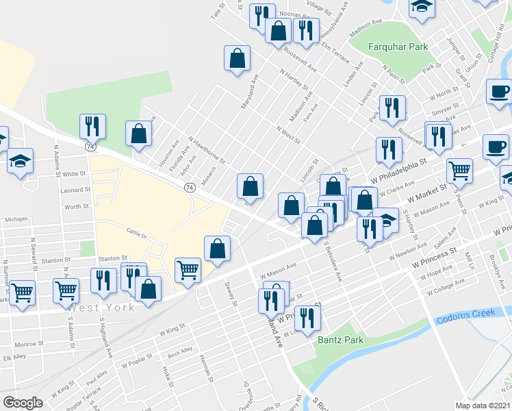 map of restaurants, bars, coffee shops, grocery stores, and more near 829 Linden Avenue in York
