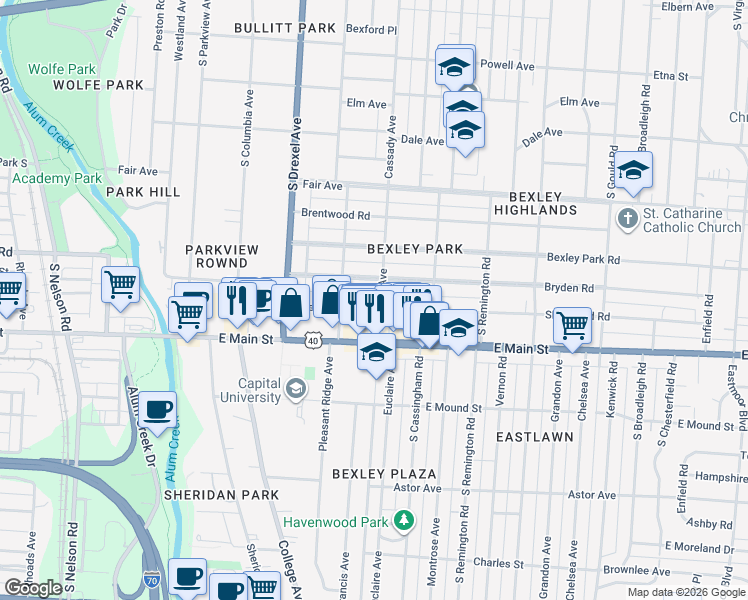 map of restaurants, bars, coffee shops, grocery stores, and more near 2448 Sherwood Road in Columbus