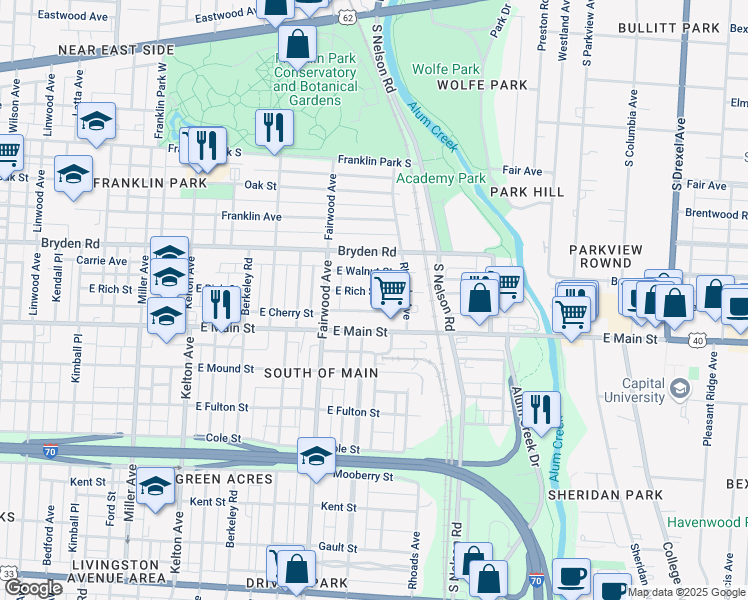 map of restaurants, bars, coffee shops, grocery stores, and more near 1839 East Rich Street in Columbus