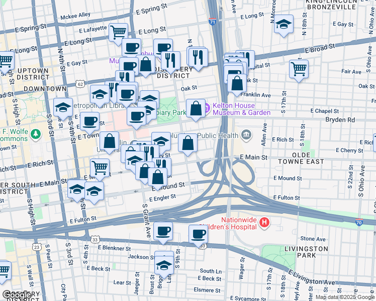 map of restaurants, bars, coffee shops, grocery stores, and more near 256 South Washington Avenue in Columbus