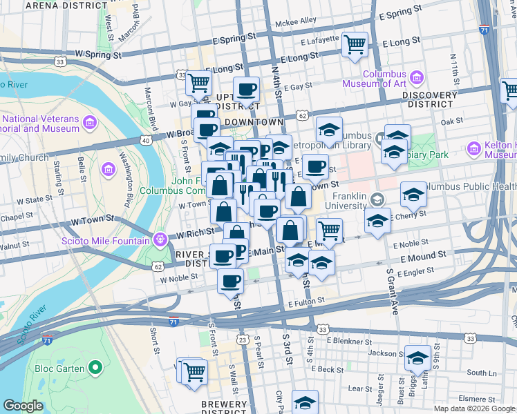 map of restaurants, bars, coffee shops, grocery stores, and more near 191 South 3rd Street in Columbus