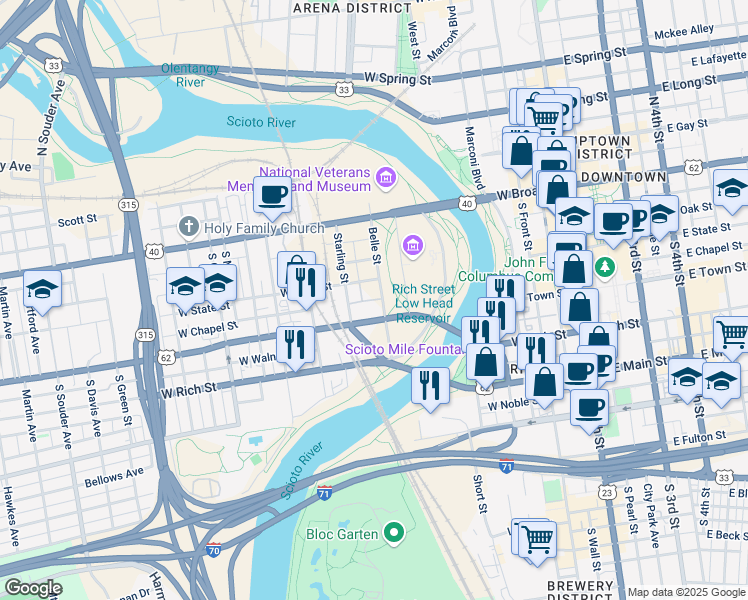 map of restaurants, bars, coffee shops, grocery stores, and more near Chapel St in Columbus