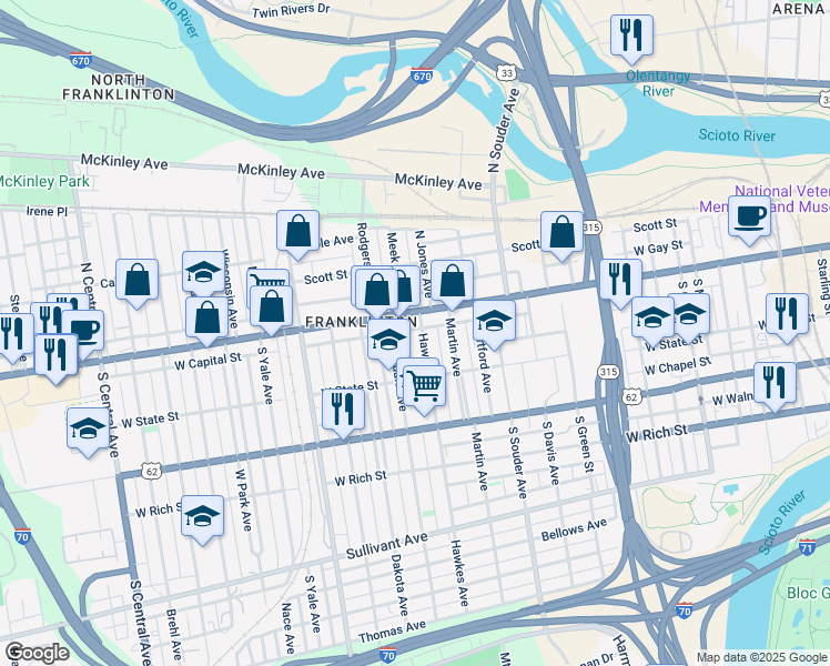 map of restaurants, bars, coffee shops, grocery stores, and more near 32 Avondale Avenue in Columbus
